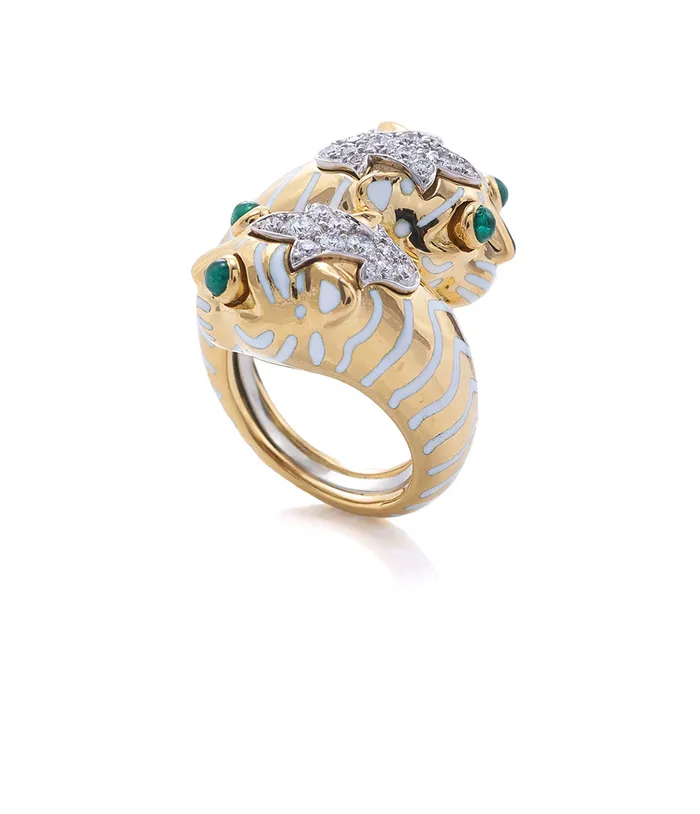Crossover Tiger Ring Emerald White Enamel David Webb Workshop Rings