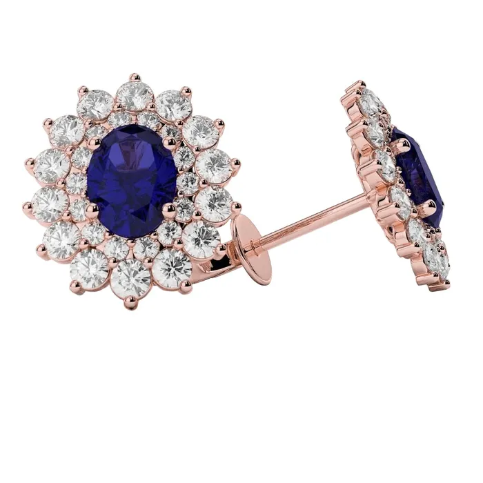 Earrings GB Oval Blue Sapphire Halo Natural Earth Mined Diamond Stud Earrings 11 Carats Rose Gold 14K Earrings GB Oval Blue Sapphire Halo Natural Earth Mined Diamond Stud Earrings 11 Carats Rose Gold 14K