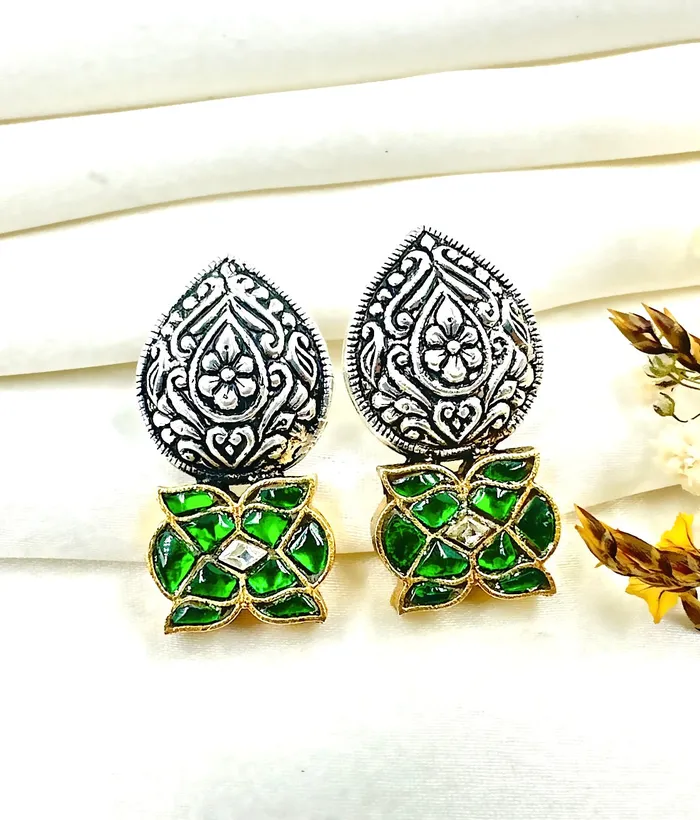 Earrings The Intricate Silver Kundan Earrings Green2 tone Kundan