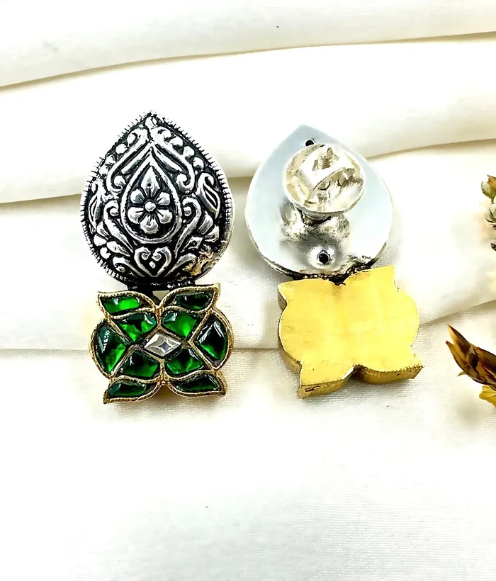 Earrings The Intricate Silver Kundan Earrings Green2 tone Kundan