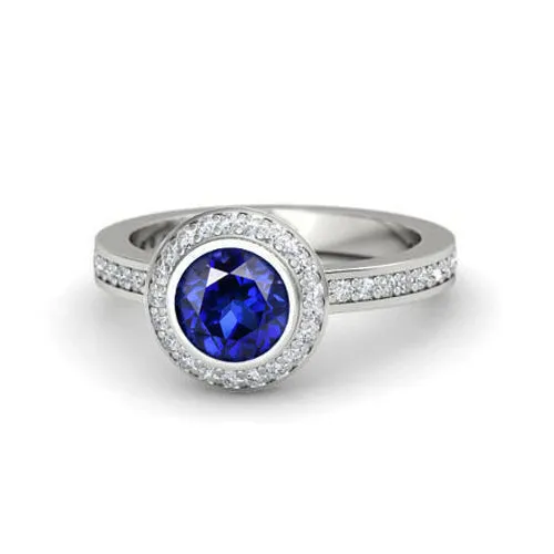 GB 3 Ct Round Cut Ceylon Sapphire Natural Earth Mined Diamonds Ring White Gold 14K Rings GB 3 Ct Round Cut Ceylon Sapphire Natural Earth Mined Diamonds Ring White Gold 14K Rings