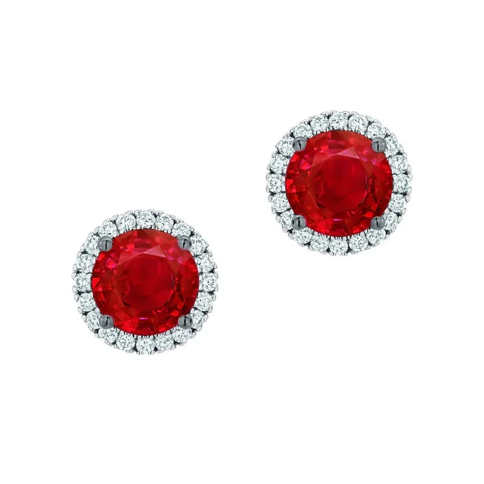 GB Earrings 8 Carats Round Ruby And Natural Earth Mined Diamond Halo Stud Earrings White Gold 14K GB Earrings 8 Carats Round Ruby And Natural Earth Mined Diamond Halo Stud Earrings White Gold 14K