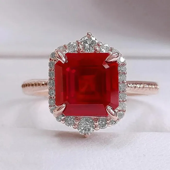 GB Rings 17 Carats Big Asscher Shaped Red Ruby And Natural Earth Mined Diamond Ring Gold 14K GB Rings 17 Carats Big Asscher Shaped Red Ruby And Natural Earth Mined Diamond Ring Gold 14K