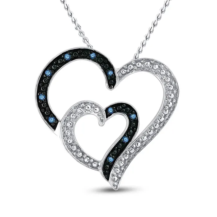 GND GND Sterling Silver Round Blue Color Enhanced Diamond Heart Pendant 120 Cttw Necklaces GND GND Sterling Silver Round Blue Color Enhanced Diamond Heart Pendant 120 Cttw Necklaces
