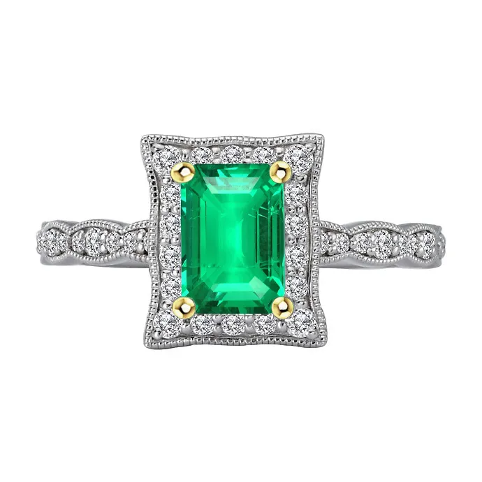 Green Emerald Diamond Halo Ring Milgrain Vintage Style Jewelry HarryChadEntcom Rings
