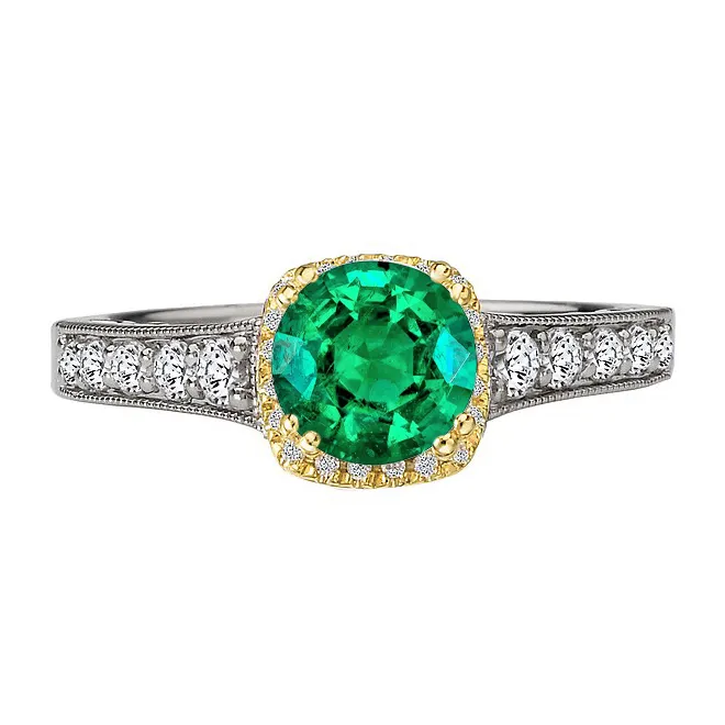 HarryChadEntcom Rings Round Green Emerald Halo Ring Two Tone Gold Milgrain HarryChadEntcom Rings Round Green Emerald Halo Ring Two Tone Gold Milgrain