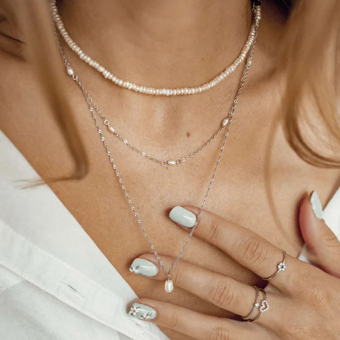Hey Happiness Rings Pearl Layering Necklaces Set Sterling Silver