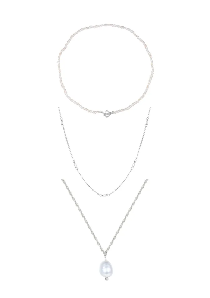 Hey Happiness Rings Pearl Layering Necklaces Set Sterling Silver
