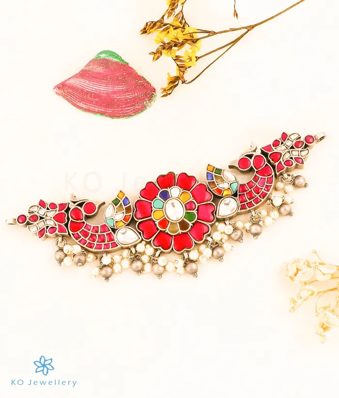 Kundan Necklaces The Mokshit Silver Peacock Choker Necklace