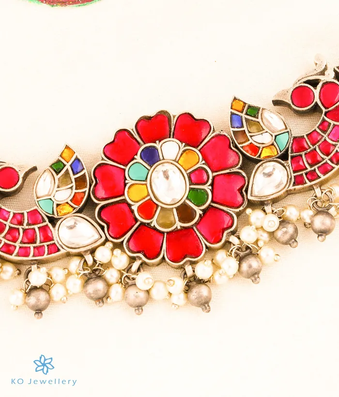 Kundan Necklaces The Mokshit Silver Peacock Choker Necklace