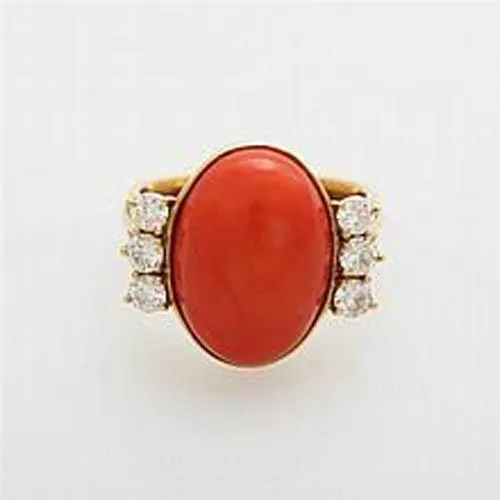 Rings GB 1025 Carats Big Red Coral With Natural Earth Mined Diamonds Ring New Yellow Gold 14K Rings GB 1025 Carats Big Red Coral With Natural Earth Mined Diamonds Ring New Yellow Gold 14K