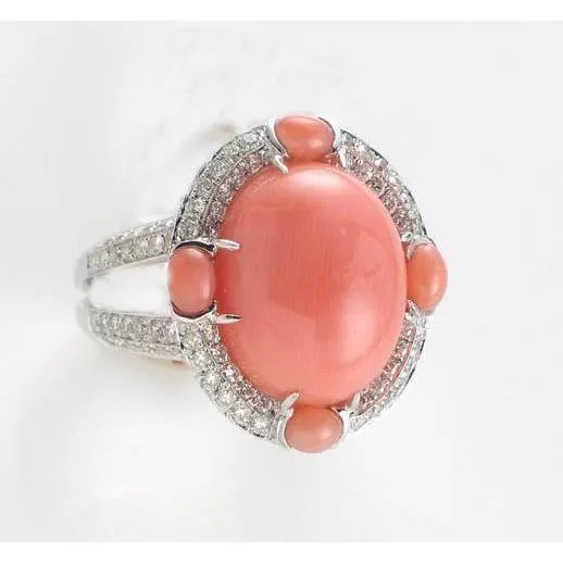Rings GB 10 Ct Coral And Natural Earth Mined Diamonds Engagement Ring White Gold 14K Rings GB 10 Ct Coral And Natural Earth Mined Diamonds Engagement Ring White Gold 14K