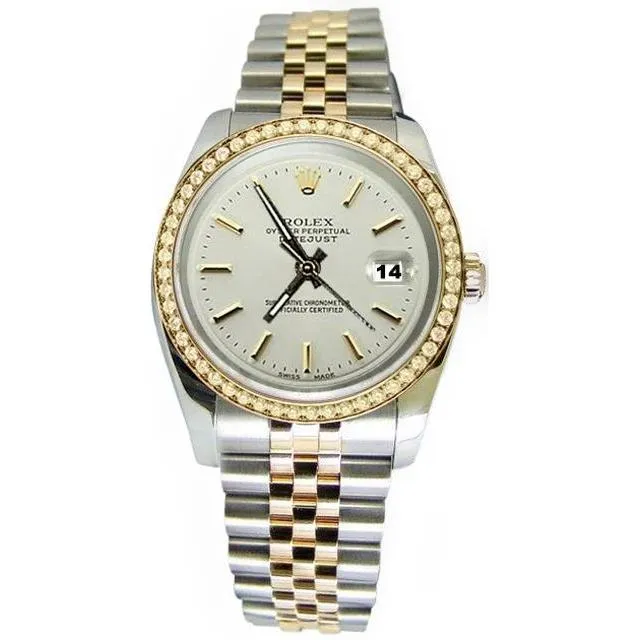 Rolex Two Tone Watch Datejust Gold White Stick Dial Diamond Bezel QUICK SET GB Rings