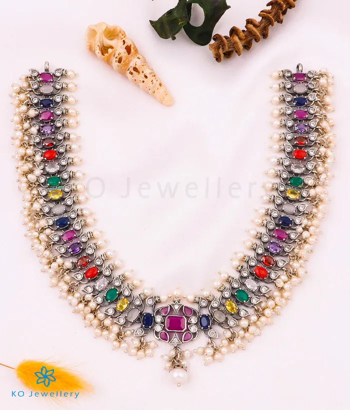 Silversmith Necklaces The Lipika Silver Navratna Guttapusalu Necklace