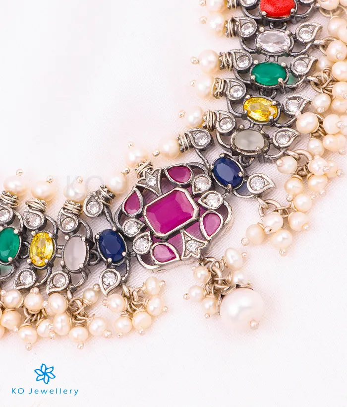Silversmith Necklaces The Lipika Silver Navratna Guttapusalu Necklace