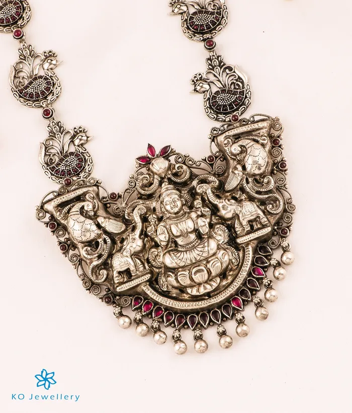 Silversmith Necklaces The Padmalaya Lakshmi Silver Nakkasi Peacock Kemp NecklaceOval