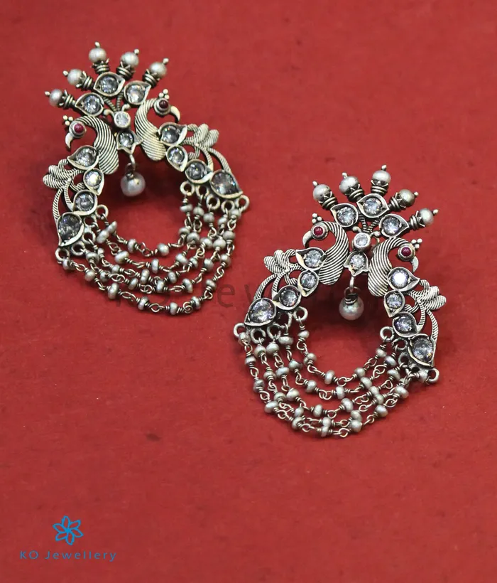The Drishya Silver Peacock Earrings RedWhiteOxidised Silversmith Earrings