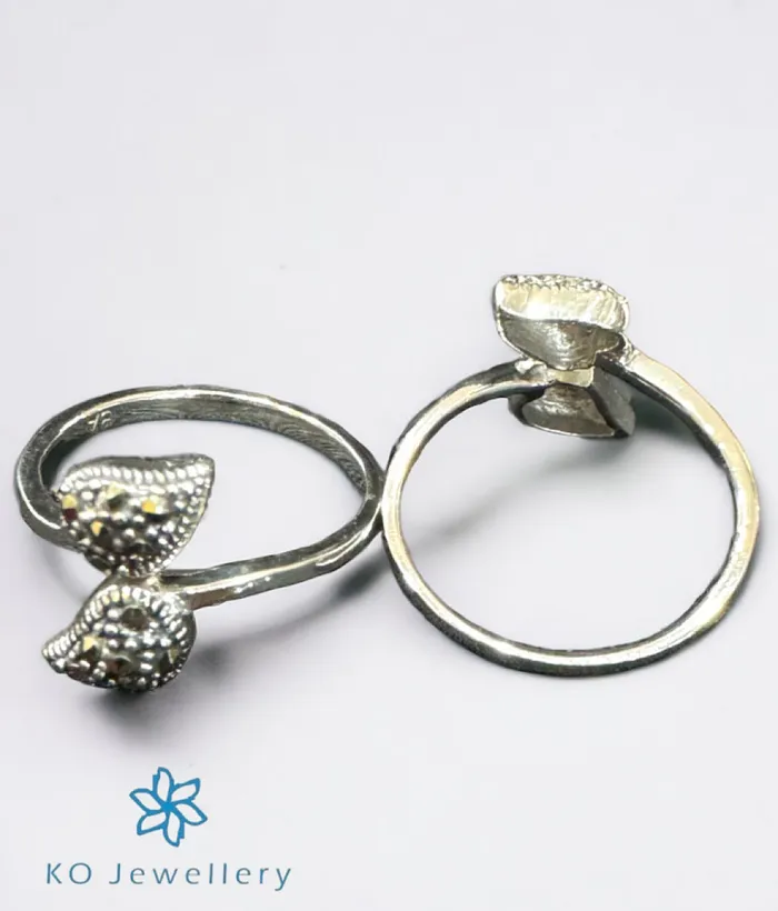 The Twin Leaf Silver Marcasite ToeRings Front Open Marcasite Rings