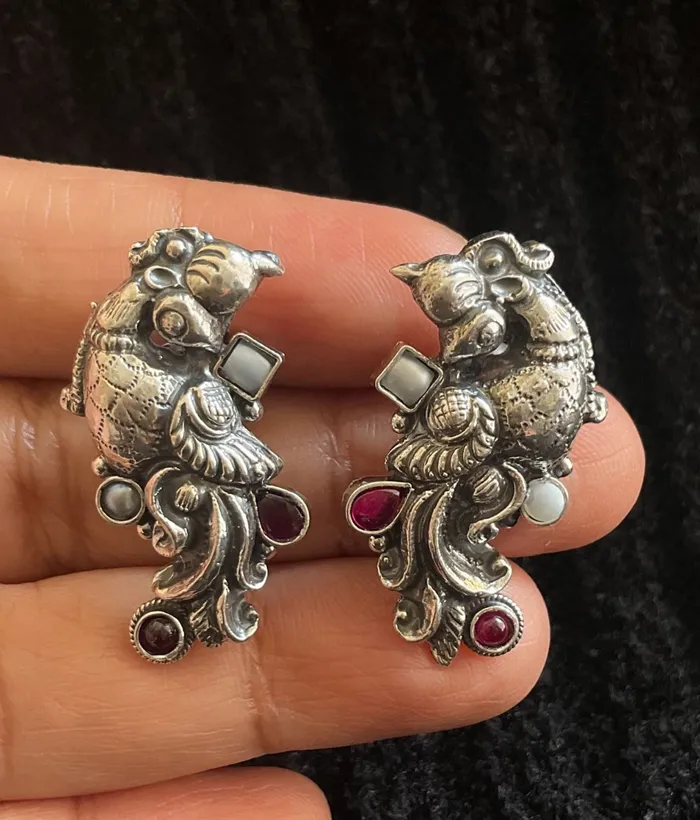 The Utsaha Silver Peacock Nakshi Earrings Silversmith Earrings