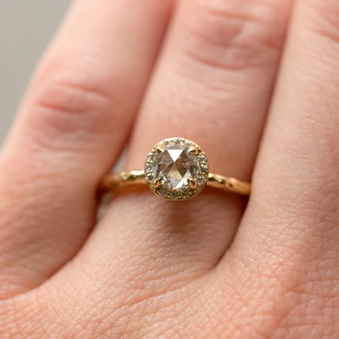 067ct Silver Grey Rosecut Diamond in Yellow Gold Diamond Halo Salt and Pepper Diamond Hand Carved Eclectic Band Anueva Jewelry Rings 067ct Silver Grey Rosecut Diamond in Yellow Gold Diamond Halo Salt and Pepper Diamond Hand Carved Eclectic Band Anueva Jewelry Rings