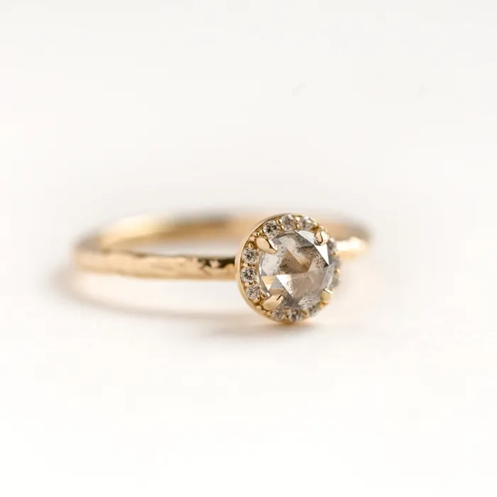 067ct Silver Grey Rosecut Diamond in Yellow Gold Diamond Halo Salt and Pepper Diamond Hand Carved Eclectic Band Anueva Jewelry Rings