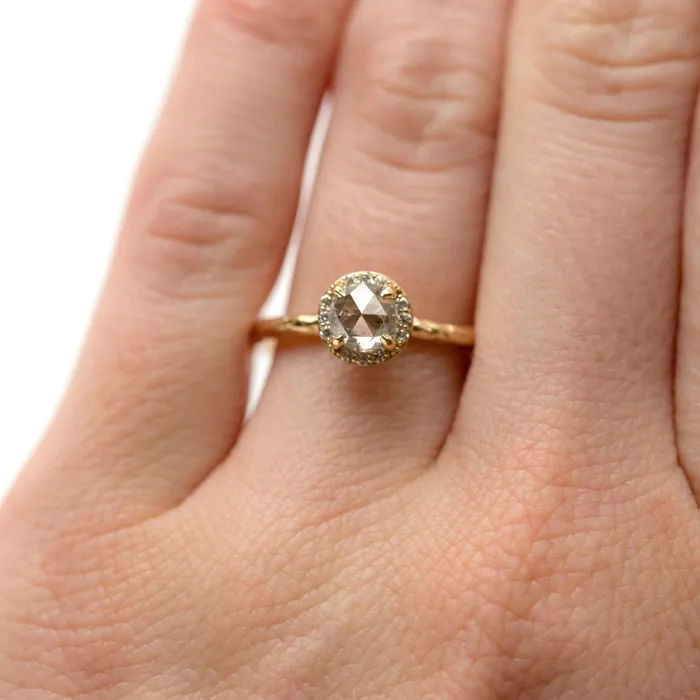 067ct Silver Grey Rosecut Diamond in Yellow Gold Diamond Halo Salt and Pepper Diamond Hand Carved Eclectic Band Anueva Jewelry Rings