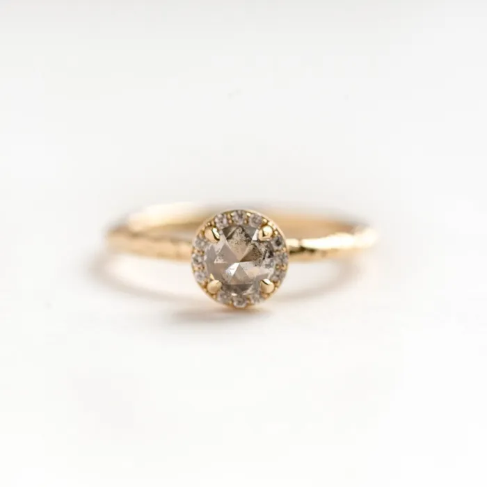 067ct Silver Grey Rosecut Diamond in Yellow Gold Diamond Halo Salt and Pepper Diamond Hand Carved Eclectic Band Anueva Jewelry Rings