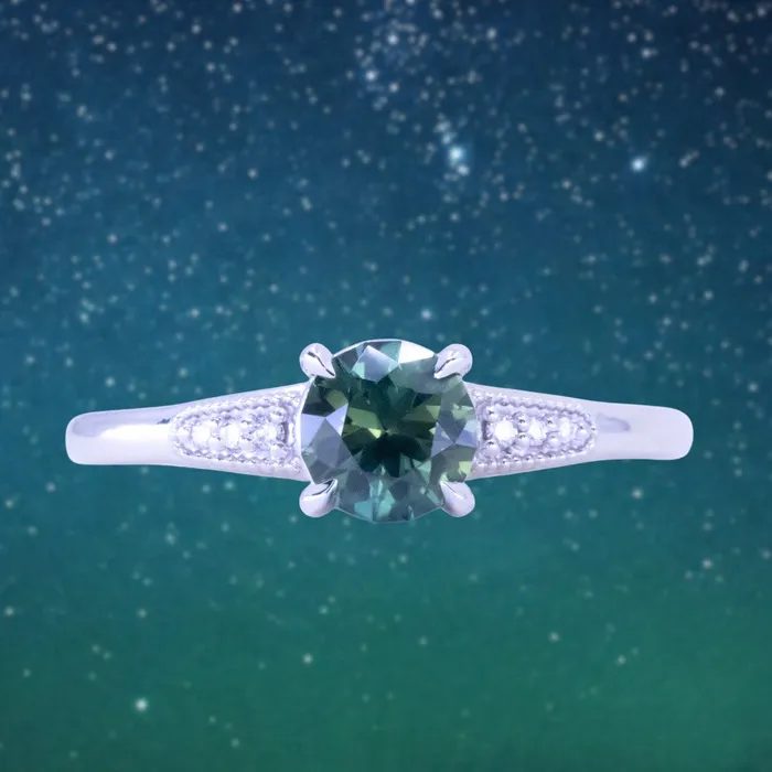 107ct Untreated Deep Teal Green Nigerian Sapphire Four Prong Low Profile Milgrain and Diamond Ring in 14k White Gold Anueva Jewelry Rings 107ct Untreated Deep Teal Green Nigerian Sapphire Four Prong Low Profile Milgrain and Diamond Ring in 14k White Gold Anueva Jewelry Rings
