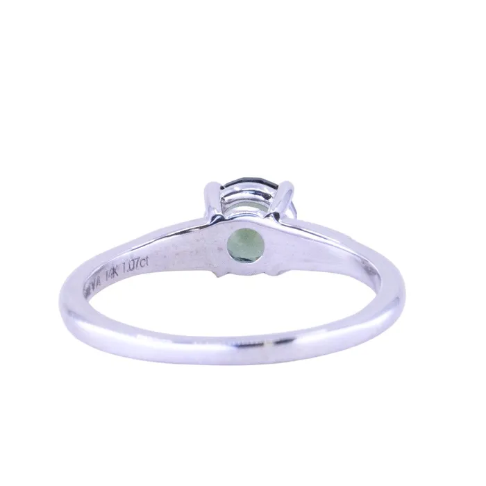 107ct Untreated Deep Teal Green Nigerian Sapphire Four Prong Low Profile Milgrain and Diamond Ring in 14k White Gold Anueva Jewelry Rings