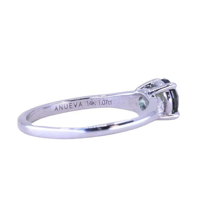 107ct Untreated Deep Teal Green Nigerian Sapphire Four Prong Low Profile Milgrain and Diamond Ring in 14k White Gold Anueva Jewelry Rings
