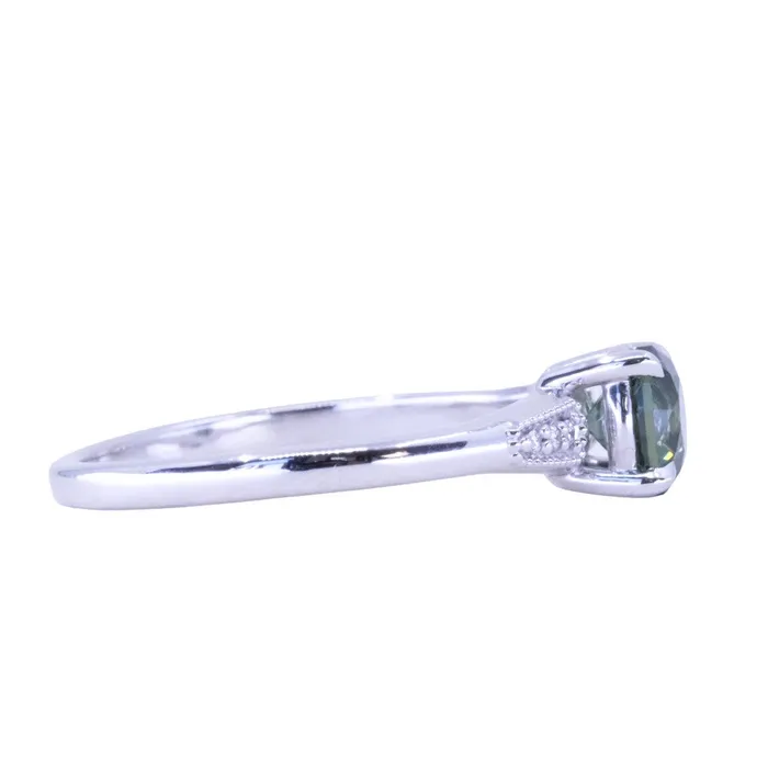 107ct Untreated Deep Teal Green Nigerian Sapphire Four Prong Low Profile Milgrain and Diamond Ring in 14k White Gold Anueva Jewelry Rings