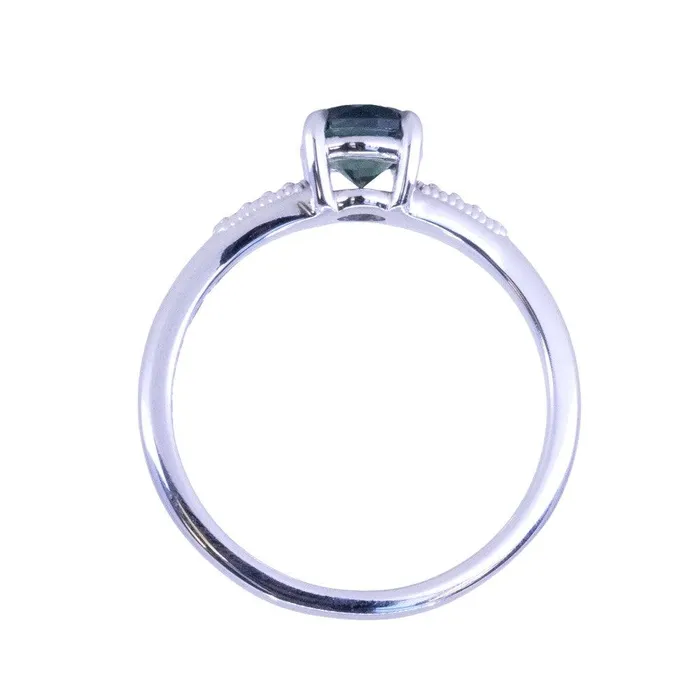 107ct Untreated Deep Teal Green Nigerian Sapphire Four Prong Low Profile Milgrain and Diamond Ring in 14k White Gold Anueva Jewelry Rings