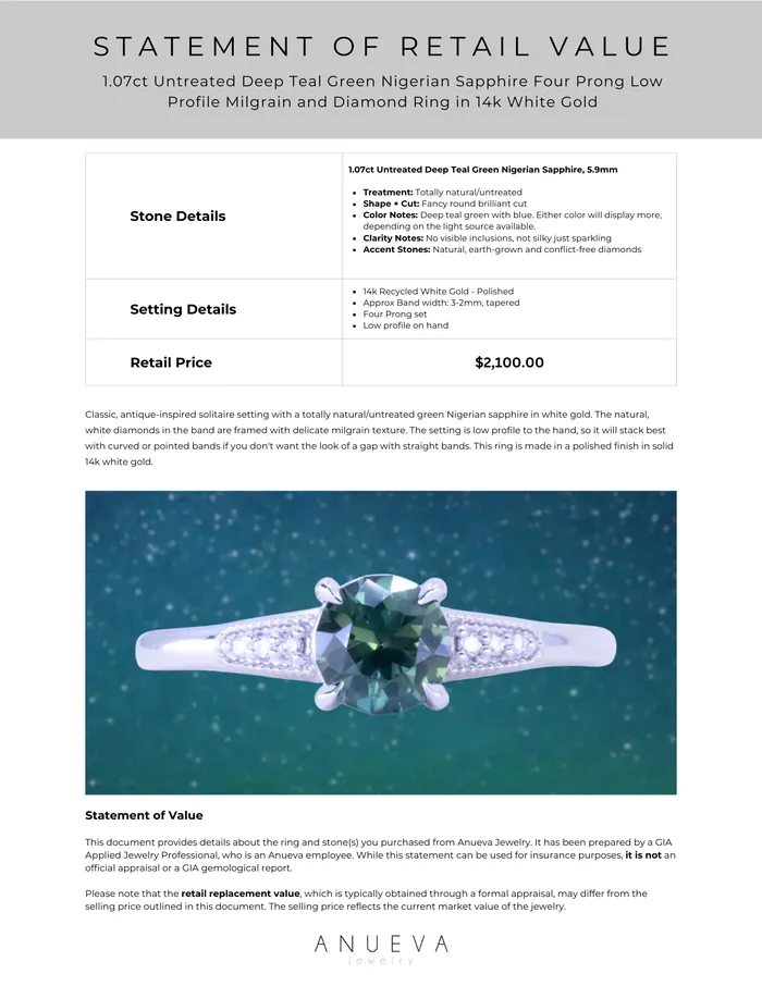 107ct Untreated Deep Teal Green Nigerian Sapphire Four Prong Low Profile Milgrain and Diamond Ring in 14k White Gold Anueva Jewelry Rings