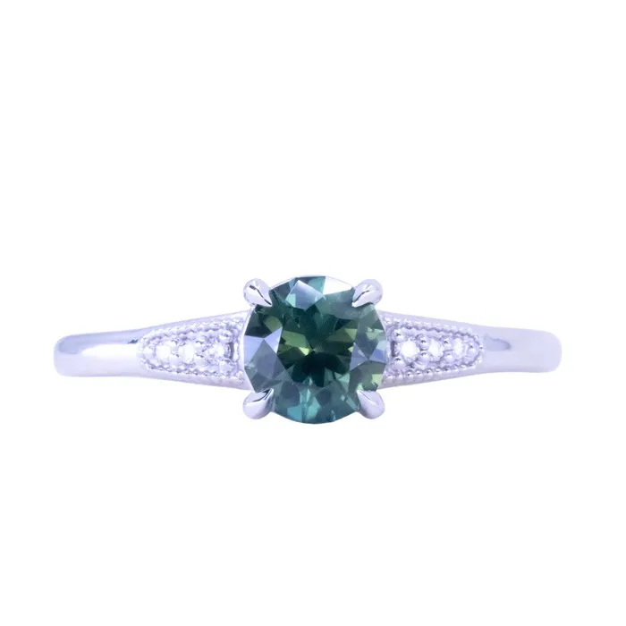 107ct Untreated Deep Teal Green Nigerian Sapphire Four Prong Low Profile Milgrain and Diamond Ring in 14k White Gold Anueva Jewelry Rings