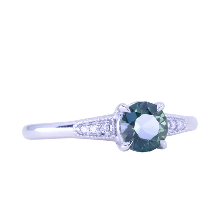 107ct Untreated Deep Teal Green Nigerian Sapphire Four Prong Low Profile Milgrain and Diamond Ring in 14k White Gold Anueva Jewelry Rings