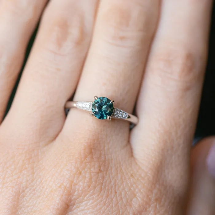 107ct Untreated Deep Teal Green Nigerian Sapphire Four Prong Low Profile Milgrain and Diamond Ring in 14k White Gold Anueva Jewelry Rings