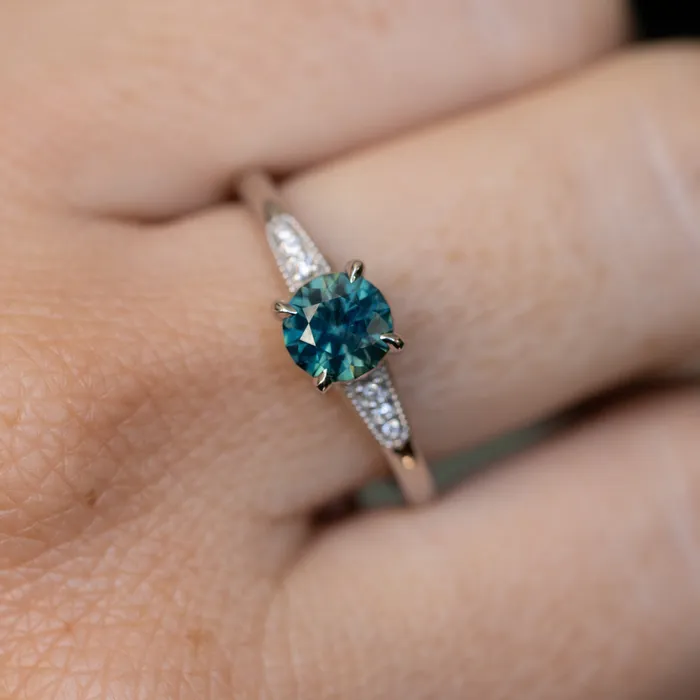 107ct Untreated Deep Teal Green Nigerian Sapphire Four Prong Low Profile Milgrain and Diamond Ring in 14k White Gold Anueva Jewelry Rings