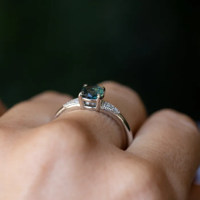 107ct Untreated Deep Teal Green Nigerian Sapphire Four Prong Low Profile Milgrain and Diamond Ring in 14k White Gold Anueva Jewelry Rings