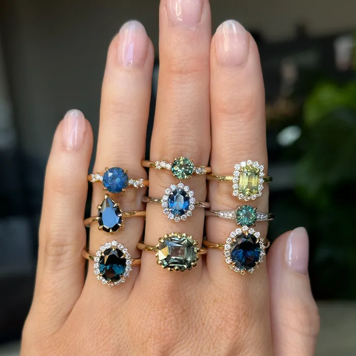 107ct Untreated Deep Teal Green Nigerian Sapphire Four Prong Low Profile Milgrain and Diamond Ring in 14k White Gold Anueva Jewelry Rings