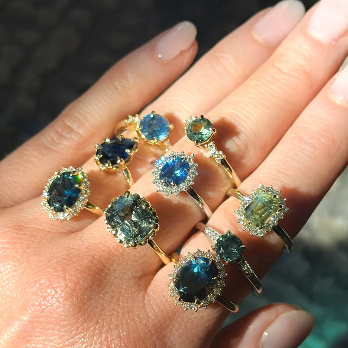 107ct Untreated Deep Teal Green Nigerian Sapphire Four Prong Low Profile Milgrain and Diamond Ring in 14k White Gold Anueva Jewelry Rings