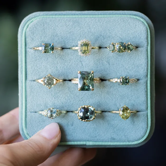 107ct Untreated Deep Teal Green Nigerian Sapphire Four Prong Low Profile Milgrain and Diamond Ring in 14k White Gold Anueva Jewelry Rings