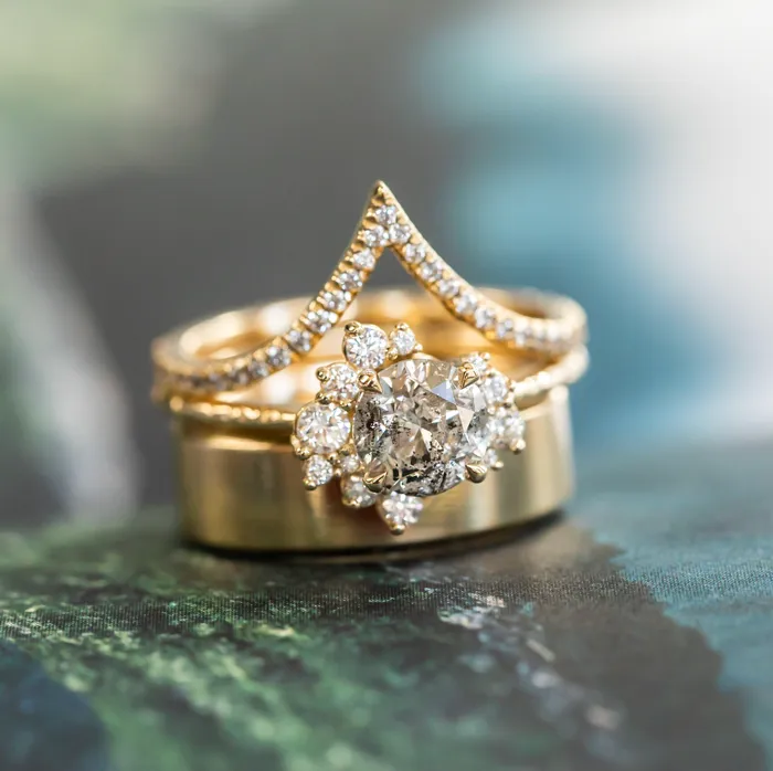 122ct Round Salt And Pepper Diamond Asymmetrical Cluster Ring In 14k Yellow Gold Anueva Jewelry Rings