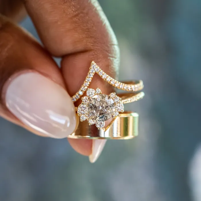 122ct Round Salt And Pepper Diamond Asymmetrical Cluster Ring In 14k Yellow Gold Anueva Jewelry Rings