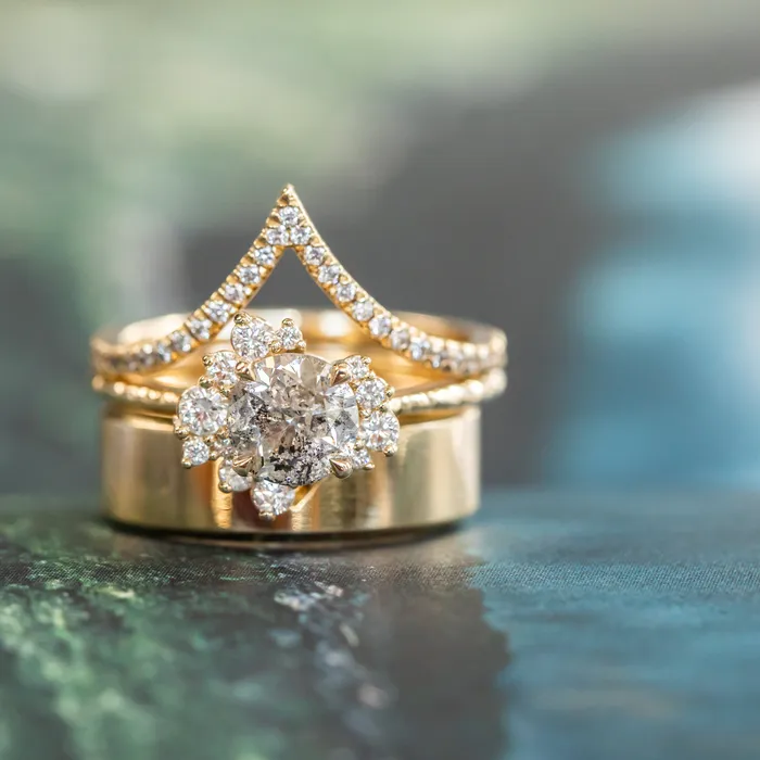 122ct Round Salt And Pepper Diamond Asymmetrical Cluster Ring In 14k Yellow Gold Anueva Jewelry Rings