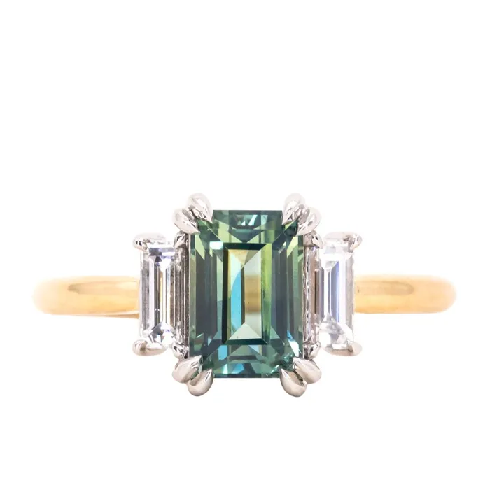 176ct Straight Baguette Parti Sapphire Three Stone Ring with Baguette Diamonds in Platinum 18k Yellow Gold Anueva Jewelry Rings 176ct Straight Baguette Parti Sapphire Three Stone Ring with Baguette Diamonds in Platinum 18k Yellow Gold Anueva Jewelry Rings