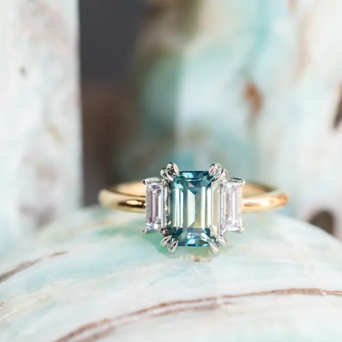 176ct Straight Baguette Parti Sapphire Three Stone Ring with Baguette Diamonds in Platinum 18k Yellow Gold Anueva Jewelry Rings