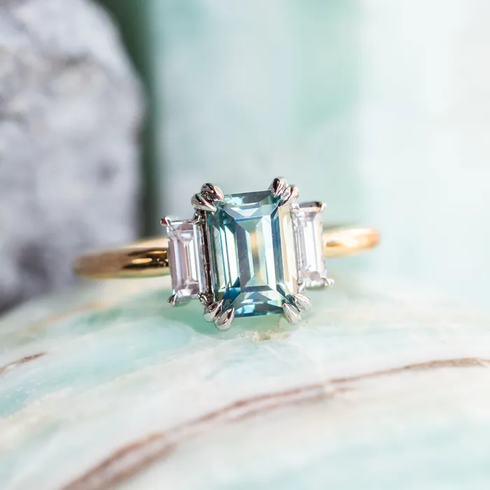 176ct Straight Baguette Parti Sapphire Three Stone Ring with Baguette Diamonds in Platinum 18k Yellow Gold Anueva Jewelry Rings