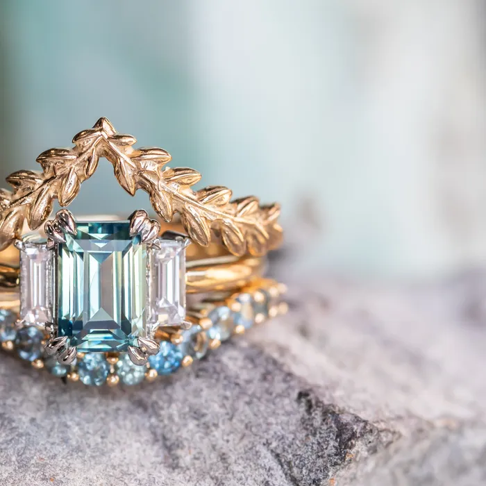 176ct Straight Baguette Parti Sapphire Three Stone Ring with Baguette Diamonds in Platinum 18k Yellow Gold Anueva Jewelry Rings