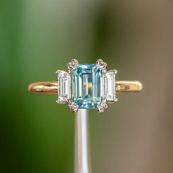 176ct Straight Baguette Parti Sapphire Three Stone Ring with Baguette Diamonds in Platinum 18k Yellow Gold Anueva Jewelry Rings