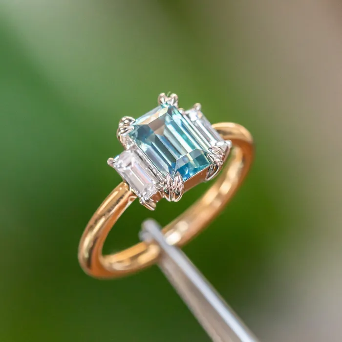176ct Straight Baguette Parti Sapphire Three Stone Ring with Baguette Diamonds in Platinum 18k Yellow Gold Anueva Jewelry Rings